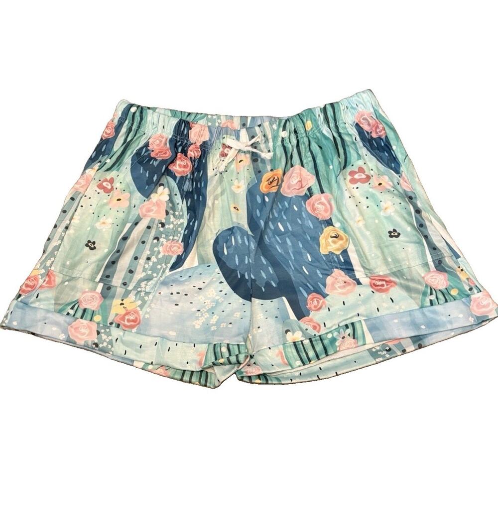Women’s Multicolor Floral Cactus Lounge Shorts Elastic Waist Drawstring